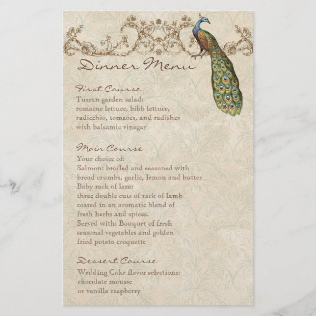 Vintages Pfauenschwarz, Tafelblatt zum Abendessen (Vorderseite)