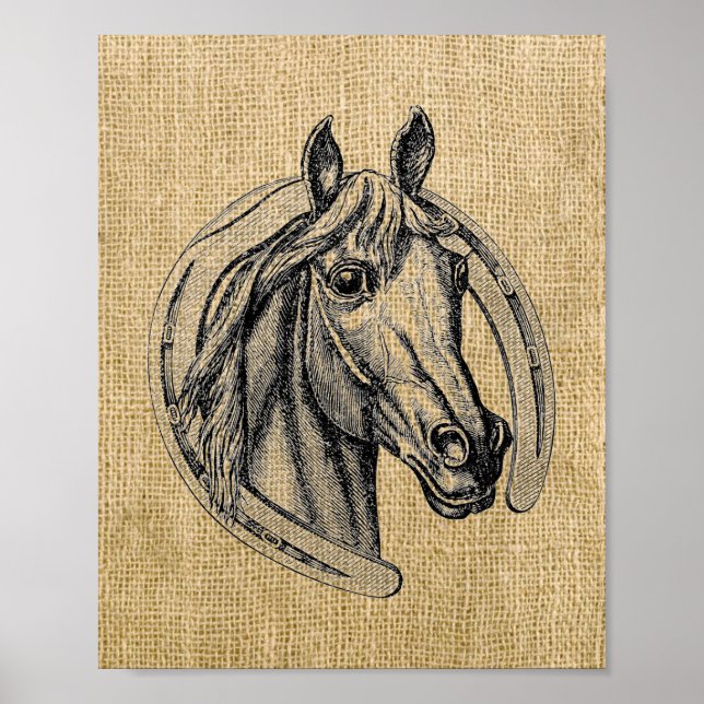 Vintages Pferd Cameo auf Burlap Poster (Vorne)
