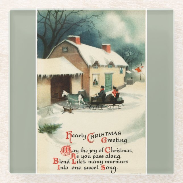 Vintages Pferd Gezeichnet Sleigh Weihnachten Glasuntersetzer (Vorderseite)