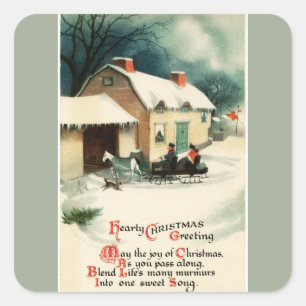 Vintages Pferd gezeichnetes Sleigh-Weihnachten Quadratischer Aufkleber