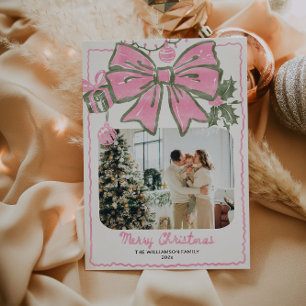 Vintages Pink Hand gezeichnetes Weihnachtsfamilien Feiertagskarte