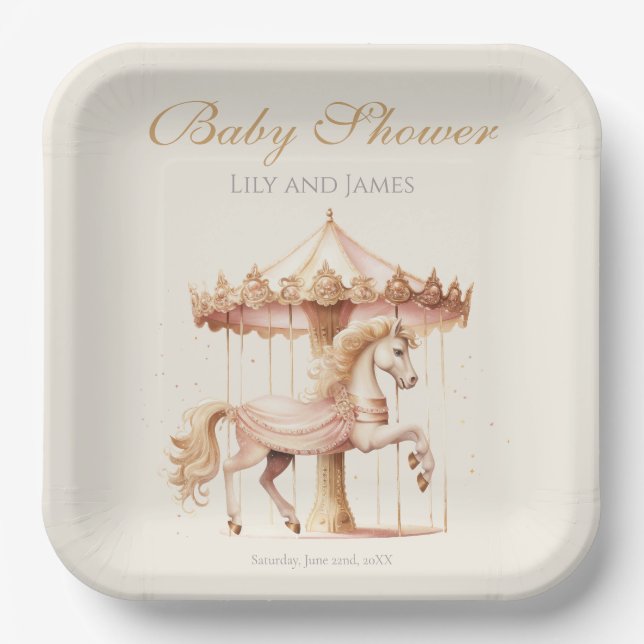 Vintages Pink Karussell Wasserfarbe Kinderdusche Pappteller (Vorderseite)