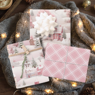 Vintages Pink Snow Village Kariert Weihnachten Geschenkpapier Set