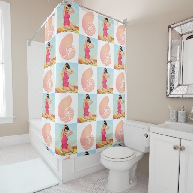 Vintages Pinup-Mädchen und Muscheln Duschvorhang (Beispiel)