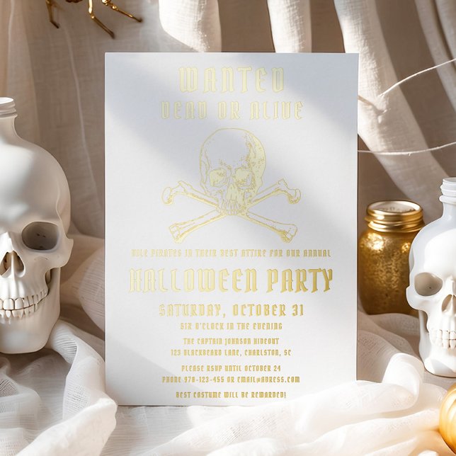 Vintages Piratenschädel und Knochen Halloween-Part Folieneinladung (Vintage Pirate Skull & Bones Halloween Party Gold Foil Invitation)