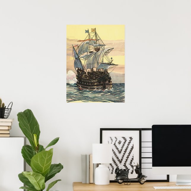 Vintages Piratenschiff, Galleon-Segeln auf dem Oze Poster (Heimbüro)
