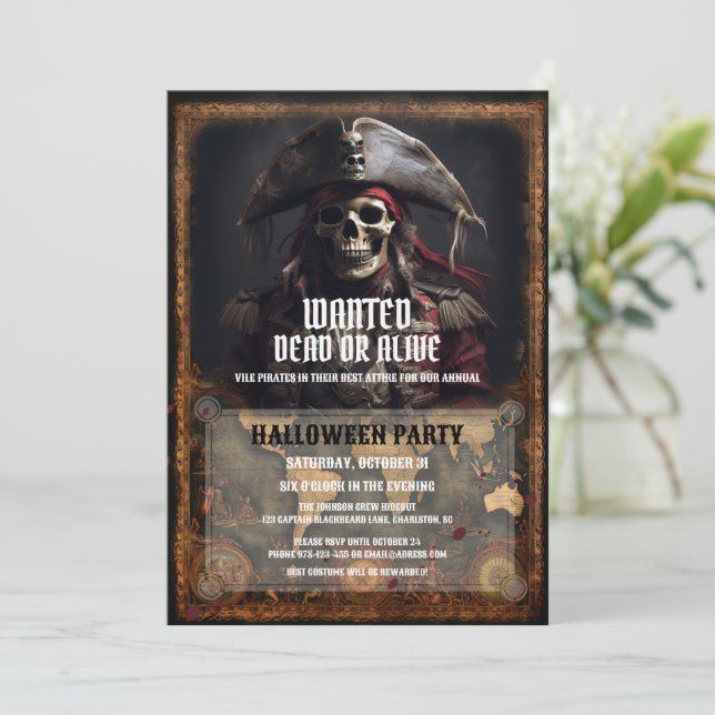 Vintages Piratenschwarzes Halloween-Party Einladung (Stehend Vorderseite)