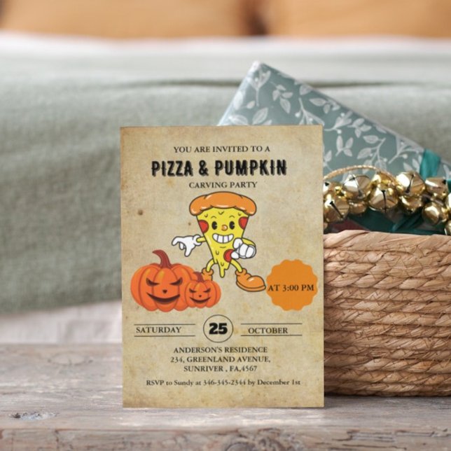 Vintages Pizza- und Pumpkin-Halloween-Party Einladung (Von Creator hochgeladen)