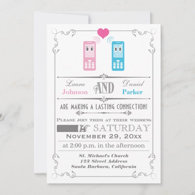 Vintages Plakat, Zellen-Telefon-Liebe-Wedding Einladung (Vorderseite)