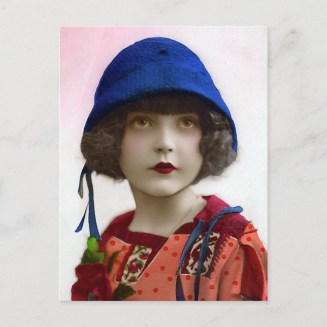 Vintages Portrait "Child in Blue Hat" Postkarte (Vorderseite)