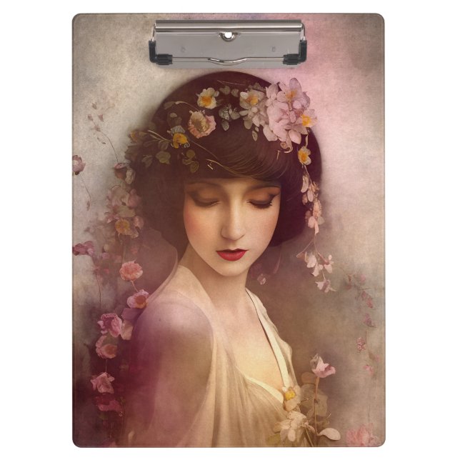 Vintages Portrait der wunderschönen Blumenweibchen Klemmbrett (Vorderseite)