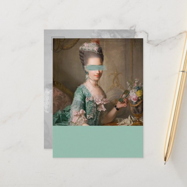 Vintages Porträt mit veränderter Kunst, aquamarine Postkarte (Vorderseite/Rückseite Beispiel)