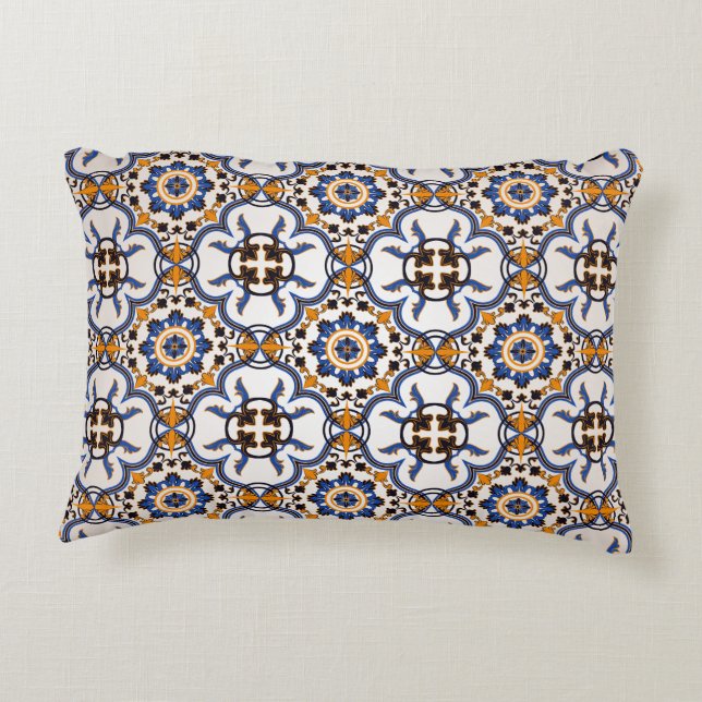 Vintages portugiesisches Azulejo-Blaugelbes Muster Zierkissen (Rückseite)