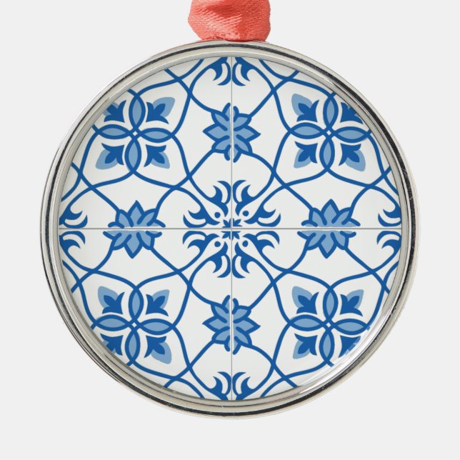 Vintages portugiesisches Azulejo-Talmuster Silbernes Ornament (Vorne)