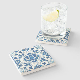 Vintages portugiesisches Blaues Azulejos-Baumuster Steinuntersetzer