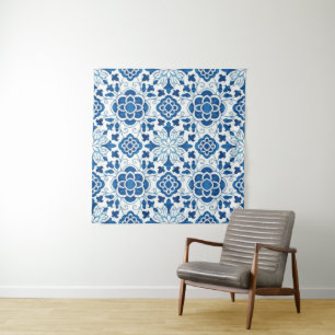 Vintages portugiesisches Blaues Azulejos-Baumuster Wandteppich