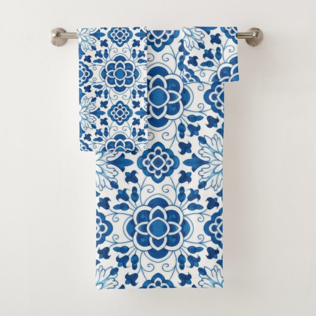 Vintages portugiesisches Blaues Azulejos-Muster Badhandtuch Set (Insitu)