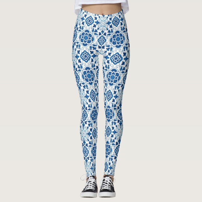 Vintages portugiesisches Blaues Azulejos-Muster Leggings (Vorderseite)