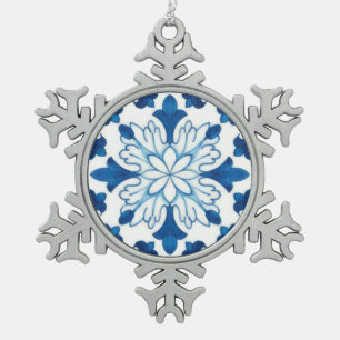 Vintages portugiesisches Blaues Azulejos-Muster Schneeflocken Zinn-Ornament