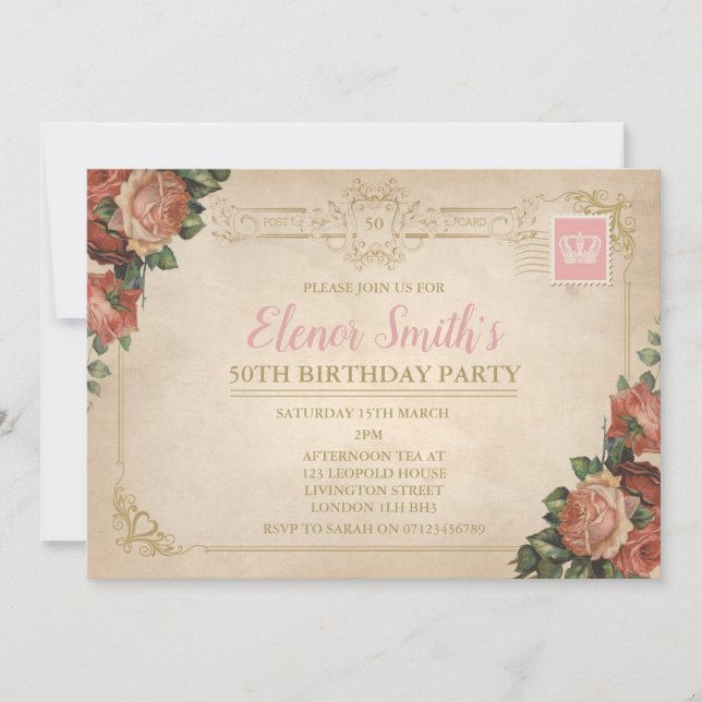 Vintages Postcard Tee Party Geburtstag Einladung (Vorderseite)