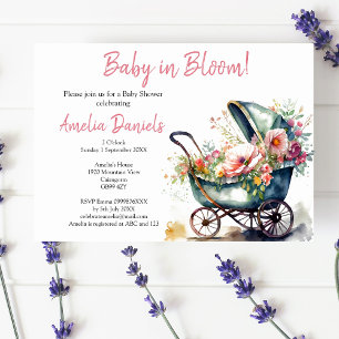 Vintages Pram Baby in Bloom Baby Dusche Einladung
