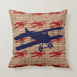 Vintages Propellerflugzeug auf Burlap Print Kissen