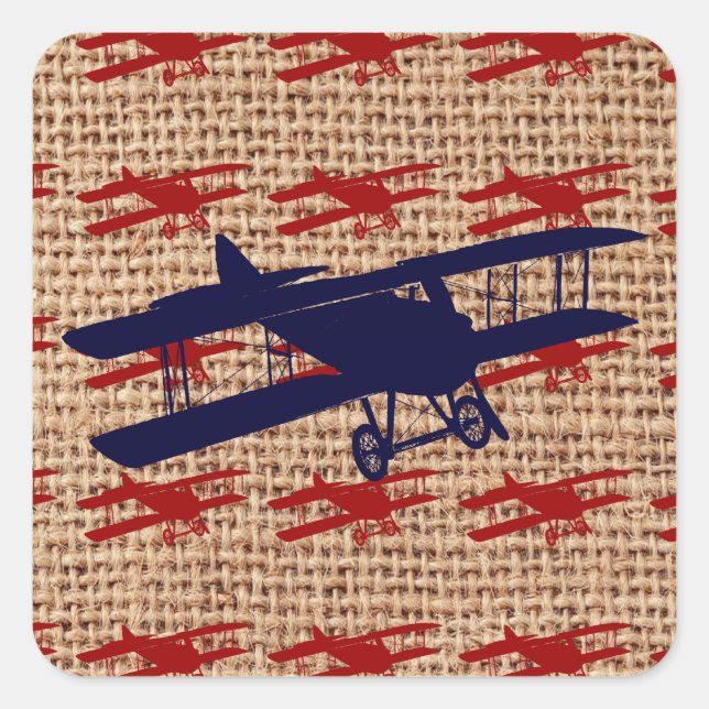 Vintages Propellerflugzeug auf Burlap Print Quadratischer Aufkleber (Vorderseite)