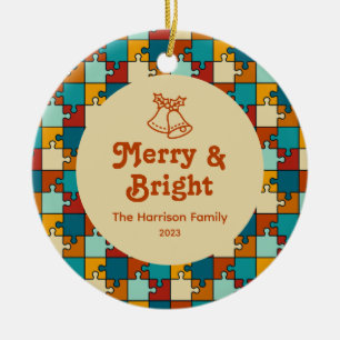 Vintages Puzzle Merry & Bright Family Foto Keramik Ornament