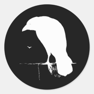 Vintages Raben-Silhouette-Weiß auf Schwarzem - Runder Aufkleber