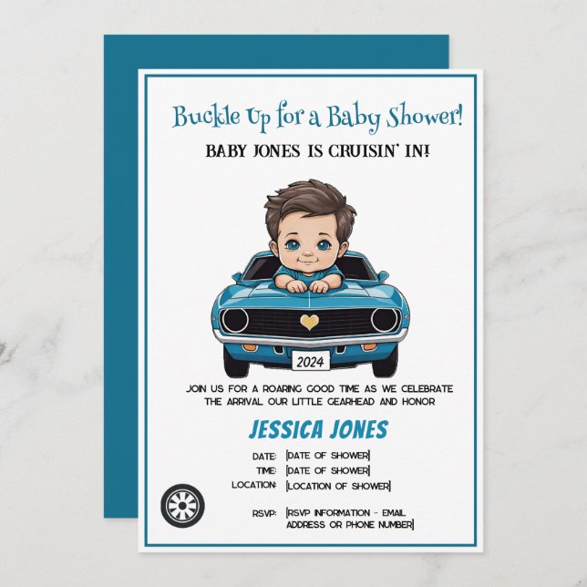 Vintages Race Car Thema Oh Boy Baby Dusche Einladung (Vorne/Hinten)