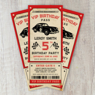 Vintages Race Car Ticket Pass Boy Geburtstagsparty Einladung