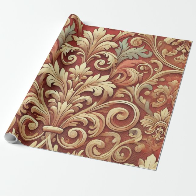 Vintages Red and Gold Damask Muster Geschenkpapier (Ungerollt)