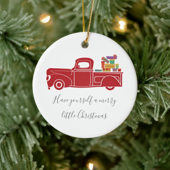 Vintages Red Christmas Truck Foto Keramik Ornament (Baum)