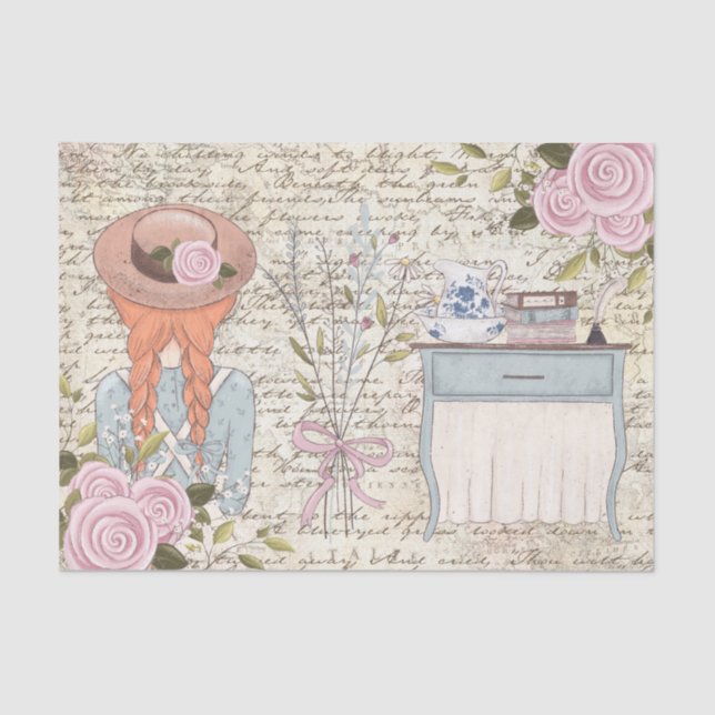 Vintages Red Hair Girl Rose Alte Buchstabenfolge Seidenpapier (Vorderseite)