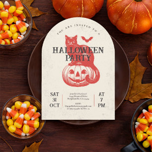 Vintages Red Pumpkin and Cat Halloween-Party Einladung