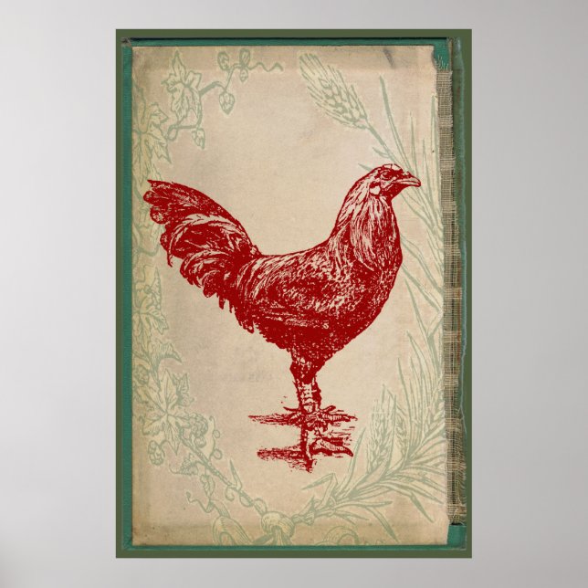 Vintages Red Rooster Shabby Chic Grunge Chicken Poster (Vorne)