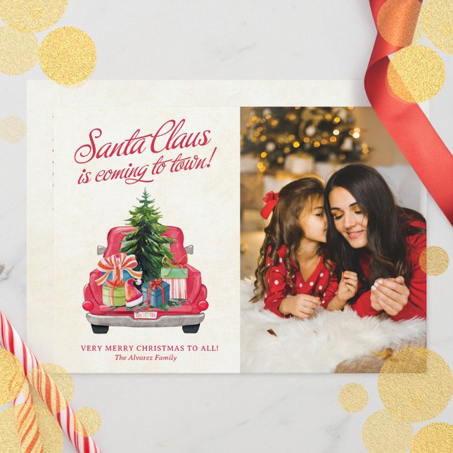 Vintages Red Santa Truck Foto (Vintage Red Santa Truck Photo Holiday Card)