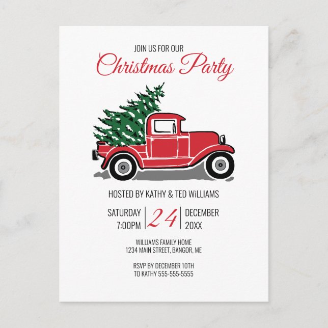 Vintages Red Truck Pine Tree Weihnachtsfest Party Einladungspostkarte (Vorderseite)