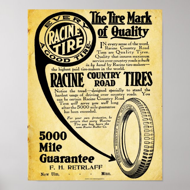 Vintages Reifenzeichen - Racine Tire Company Poster (Vorne)