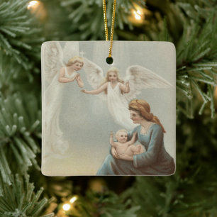 Vintages religiöses Weihnachtsgeschenk mit Wünsche Keramikornament