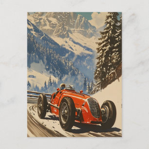 Vintages Rennauto in den Alpen Postkarte