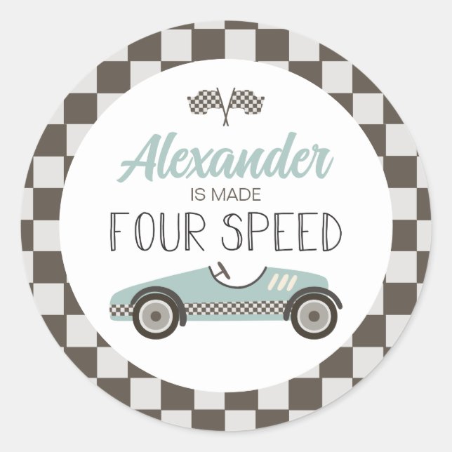 Vintages Rennauto macht VIER-Speed Geburtstag Runder Aufkleber (Vorderseite)