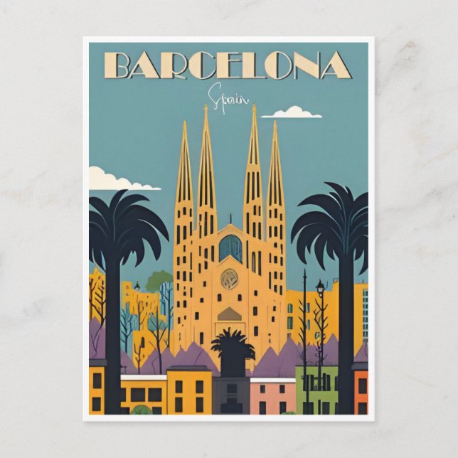 Vintages Retro Barcelona Spanien Reisen Kunst, Dic Postkarte (Vorderseite)