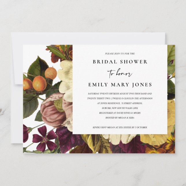 VINTAGES RETRO BURGUNDY YELLOW FLORAL BRAUTPARTY EINLADUNG (Vorderseite)