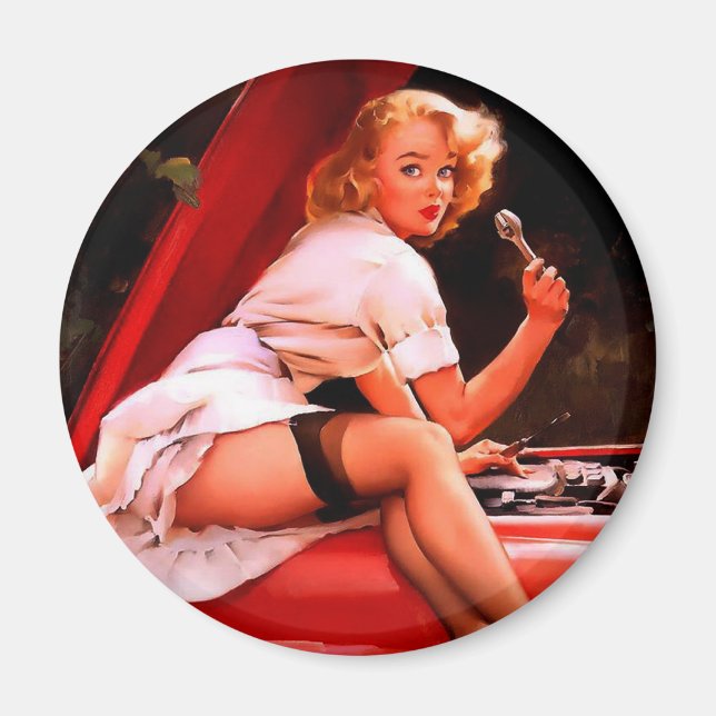 Vintages Retro Car Mechanisches Pinup Girl Magnet (Vorne)