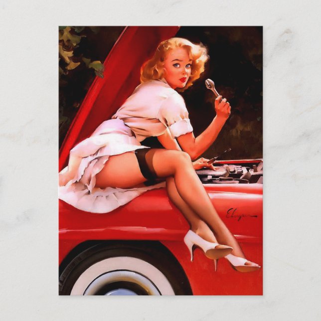 Vintages Retro Car Mechanisches Pinup Girl Postkarte (Vorderseite)