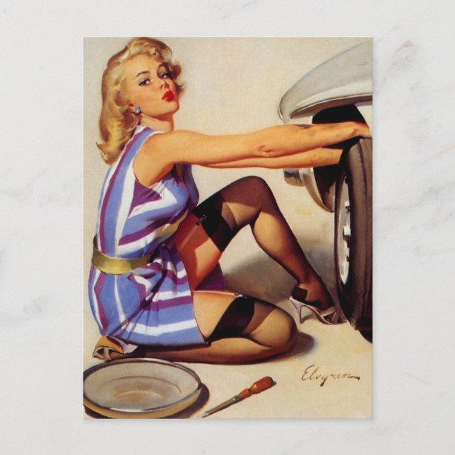 Vintages Retro Car Mechanisches Pinup Girl Postkarte (Vorderseite)