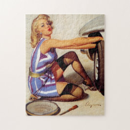 Vintages Retro Car Mechanisches Pinup Girl Puzzle