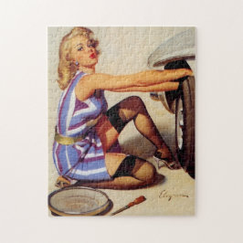 Vintages Retro Car Mechanisches Pinup Girl Puzzle