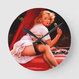 Vintages Retro Car Mechanisches Pinup Girl Runde Wanduhr